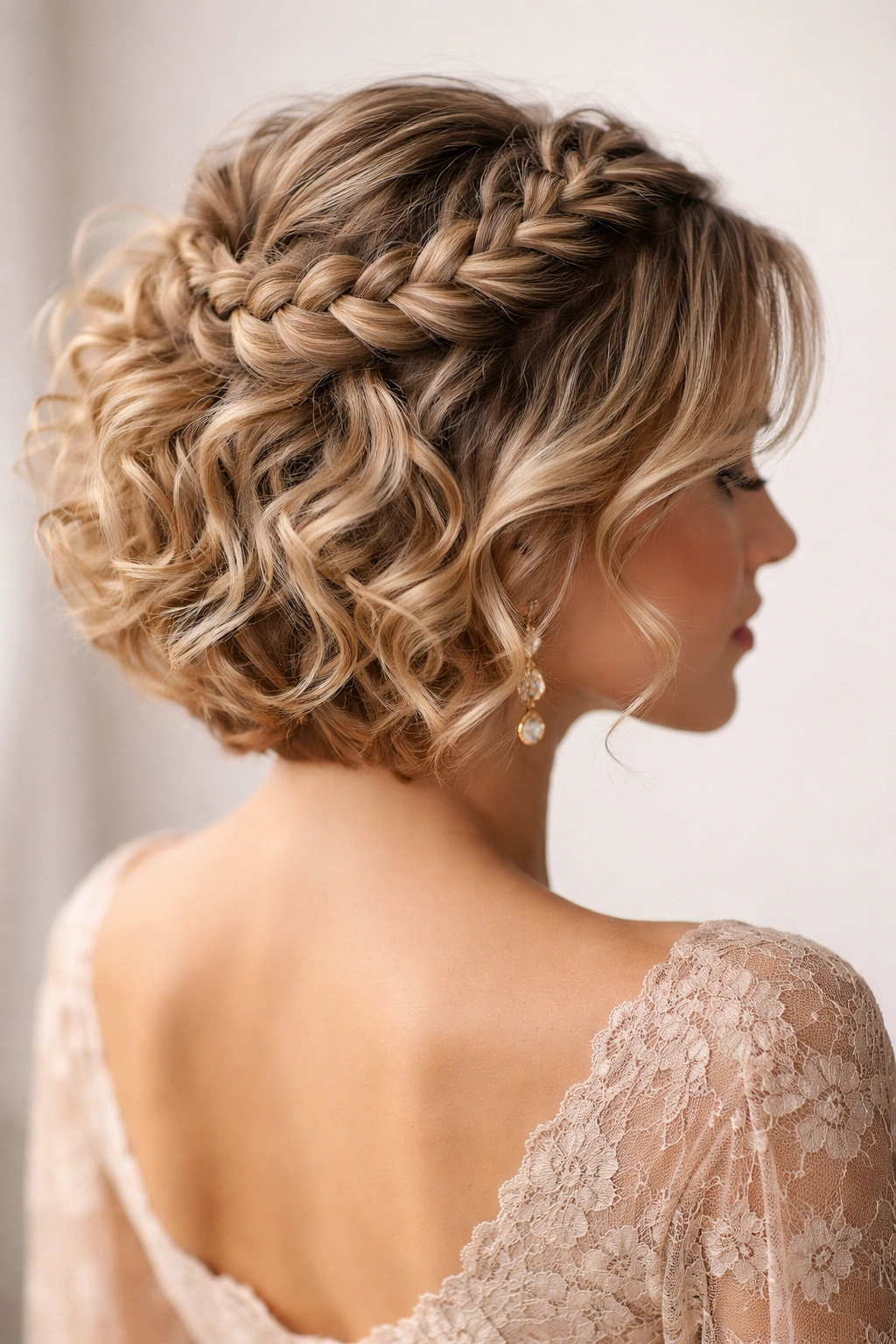 Curly updo with a french braid across the crown
