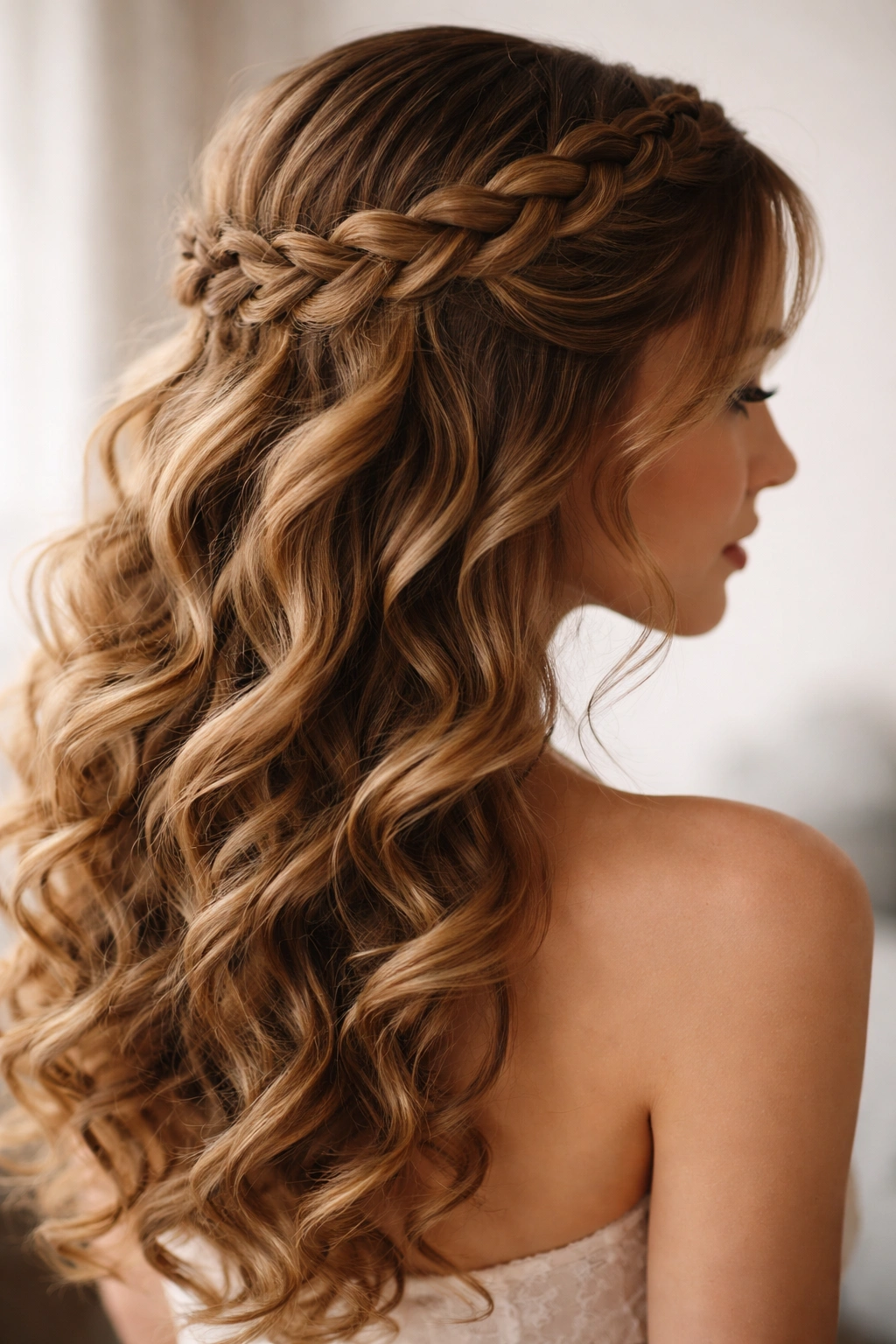 Woman with a braided crown and long loose curls