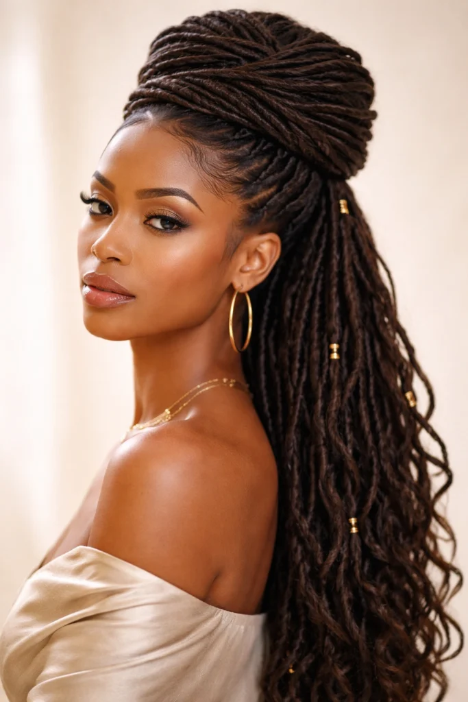 Goddess locs gathered into a high ponytail with the base wrapped