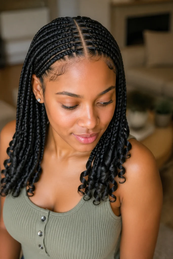 Black stitch braids with a center part and curled ends at shoulder length