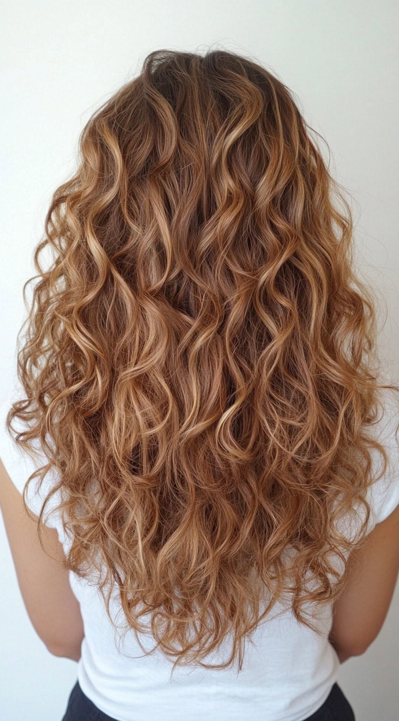 Back view of long voluminous curls with espresso roots melting into caramel-honey ends