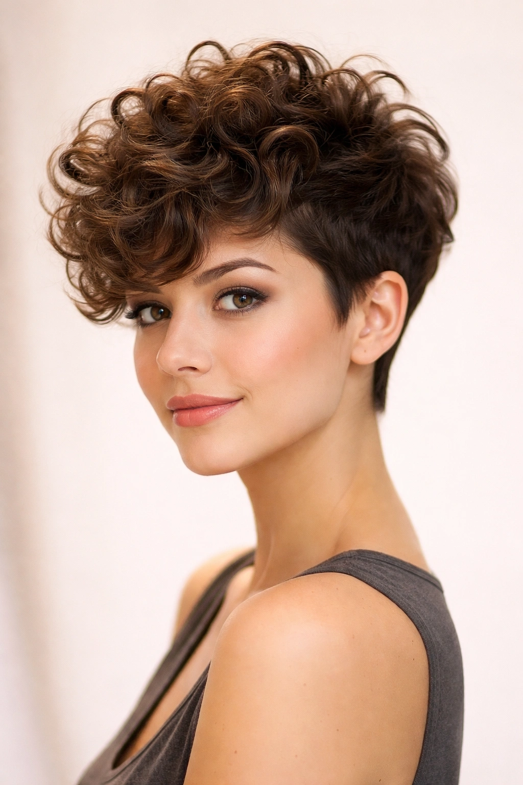 Short curly pixie haircut with volume at the crown
