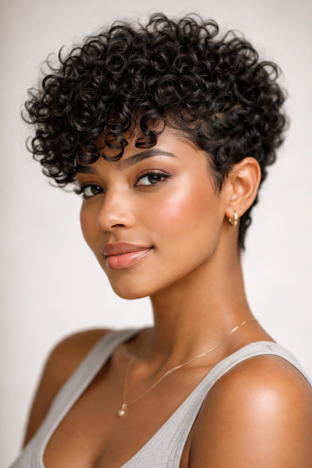 Curly pixie with defined dark coils and tapered shape