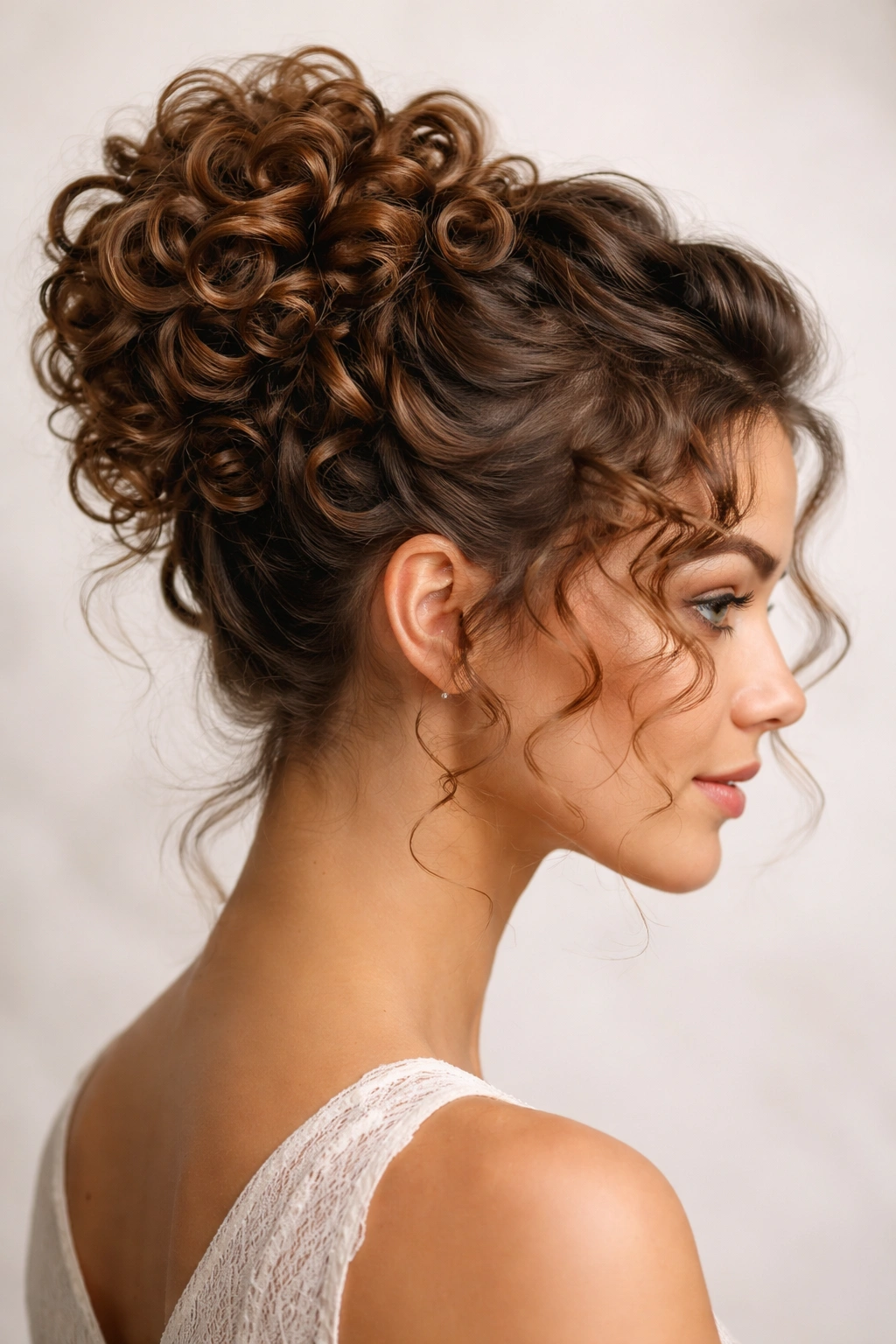 Side profile of a curly textured updo with defined pin curls