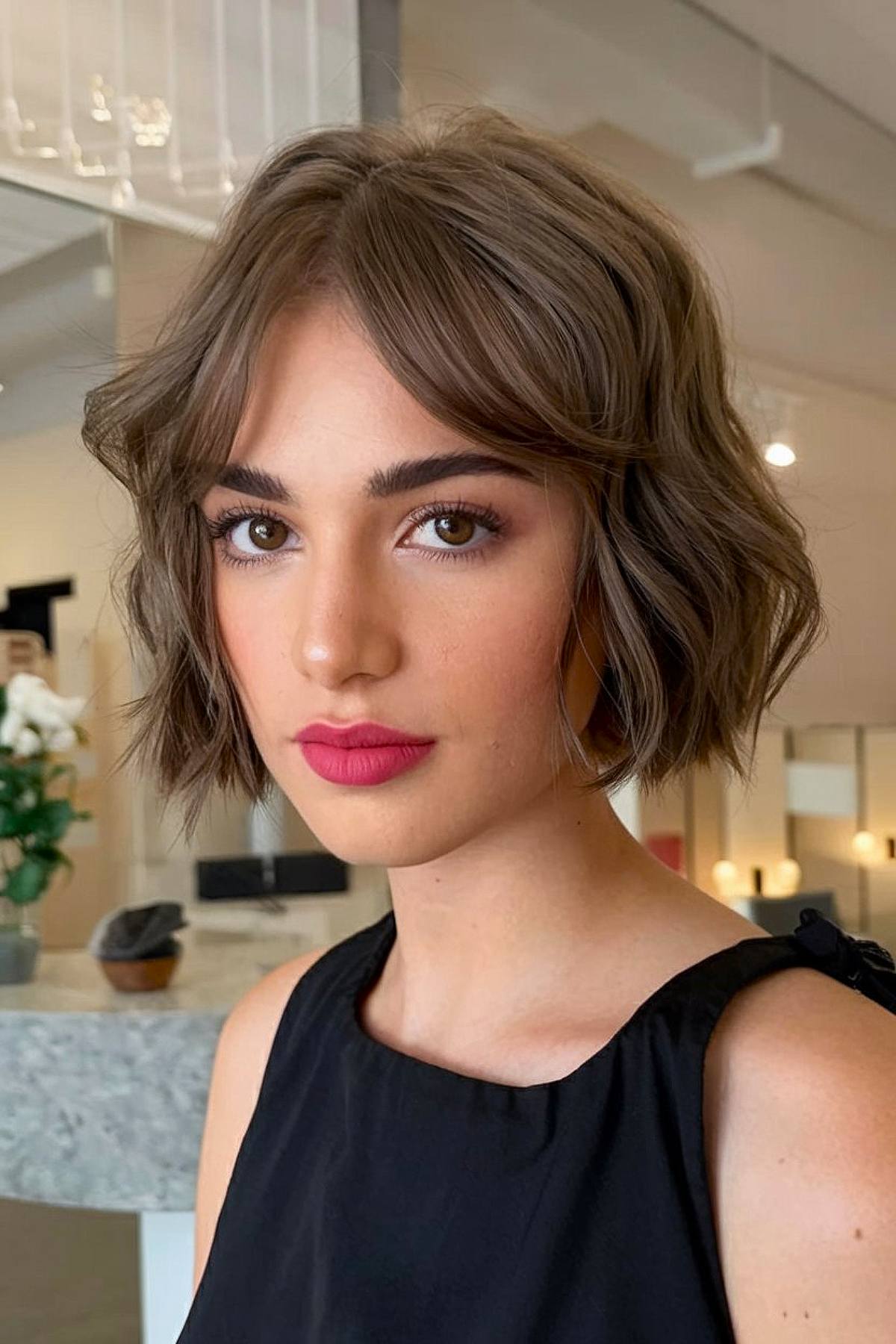 Woman with a chin-length wavy French bob with curtain bangs