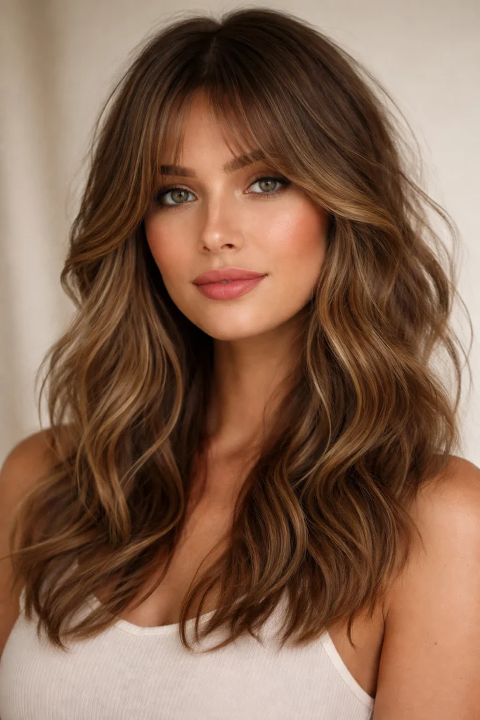 Chestnut brown waves with curtain bangs