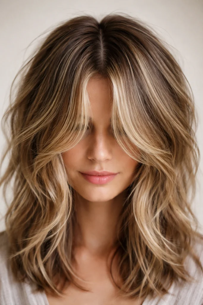 Textured lob with curtain bangs and blonde balayage highlights