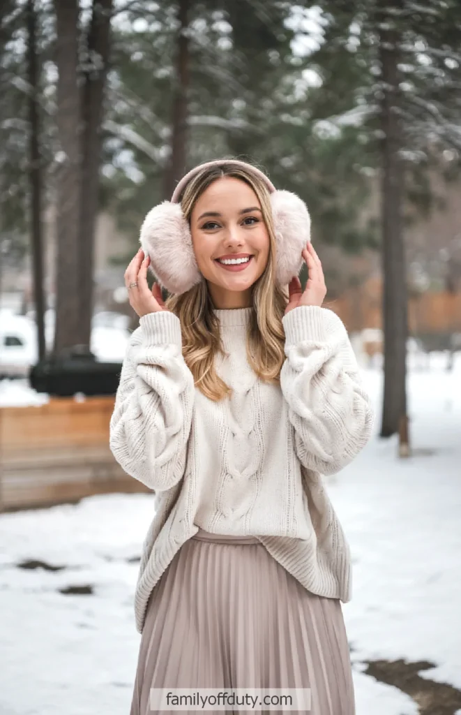Woman in cashmere sweater and pleated skirt with faux fur earmuffs in a snowy forest