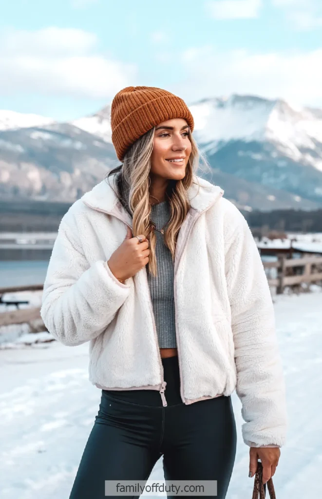 Woman in fluffy cropped jacket, leggings and knit beanie in a snowy mountain landscape