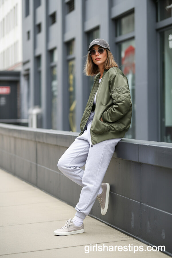 Woman in an olive bomber jacket, grey sweatpants, beige sneakers and a cap