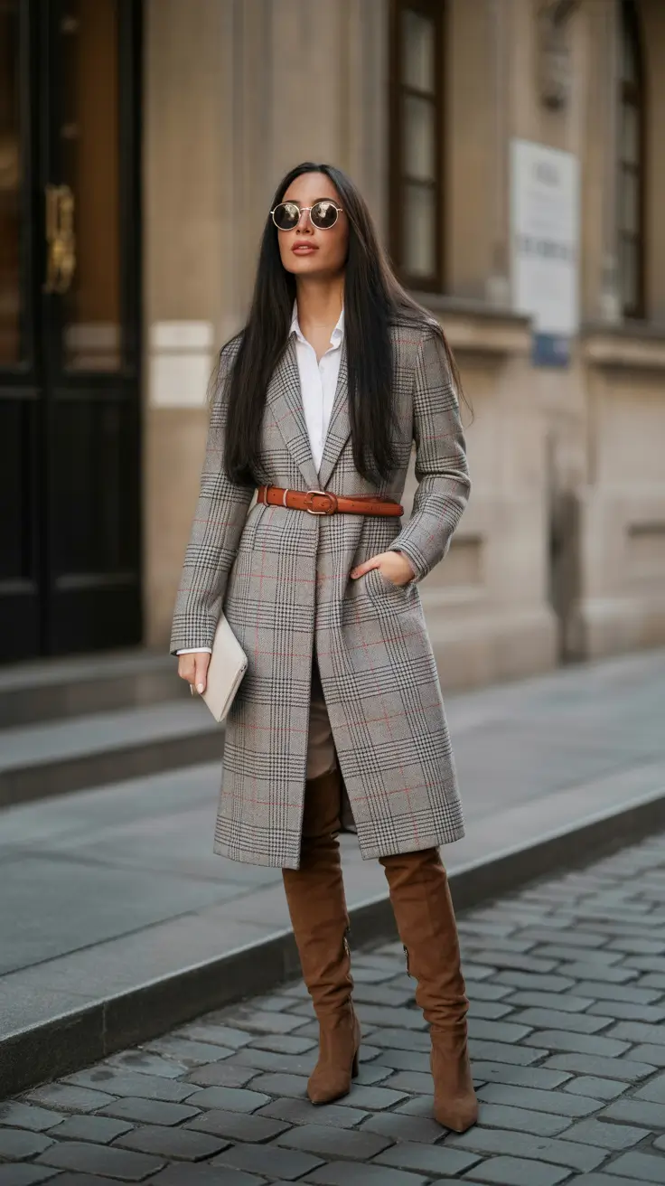 Belted plaid wool coat with a white shirt, tan belt and over-the-knee boots