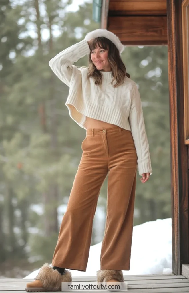 Woman in cropped white chunky sweater and wide-leg corduroys with faux fur boots on a snowy cabin porch