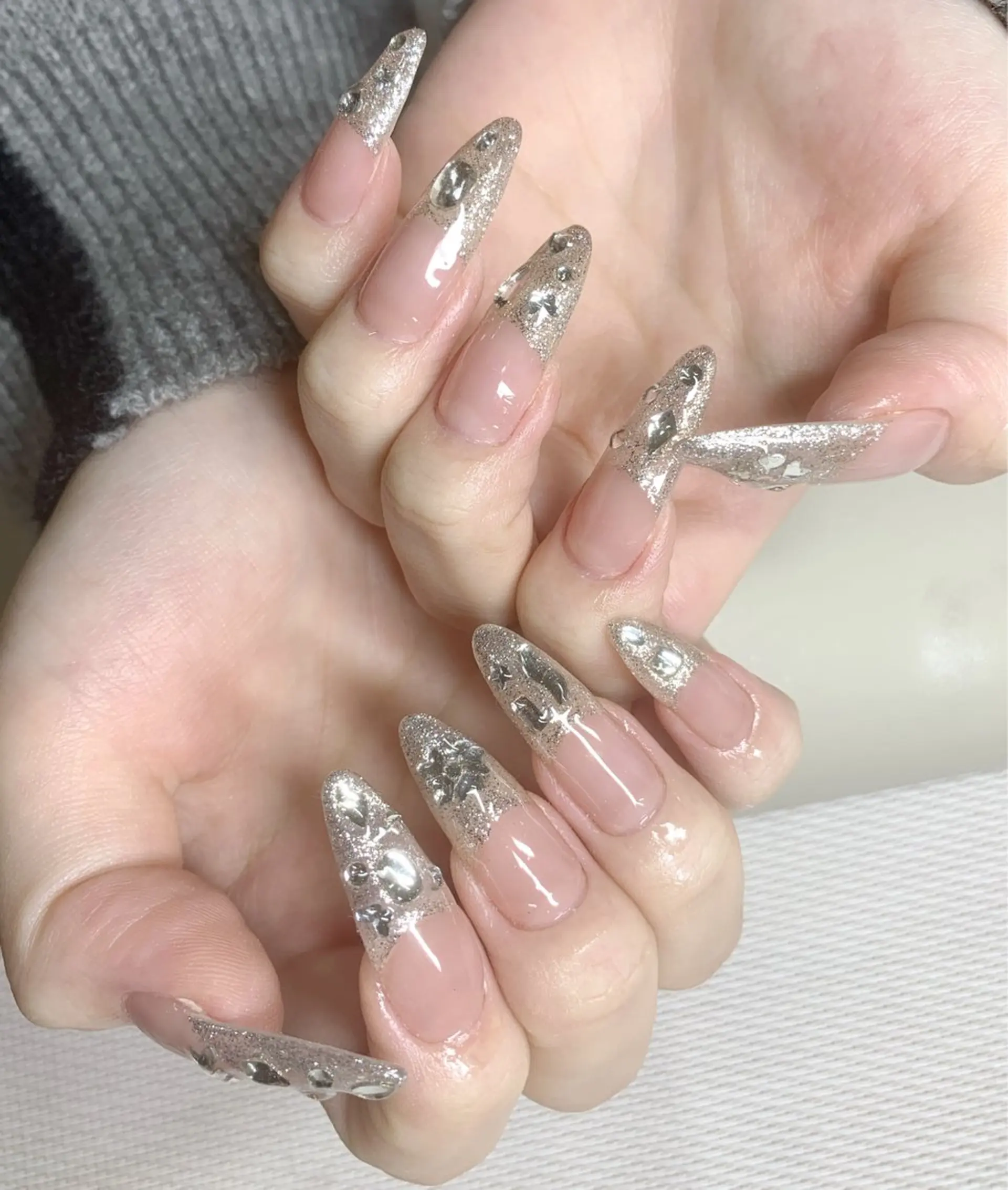Silver glitter French fade manicure