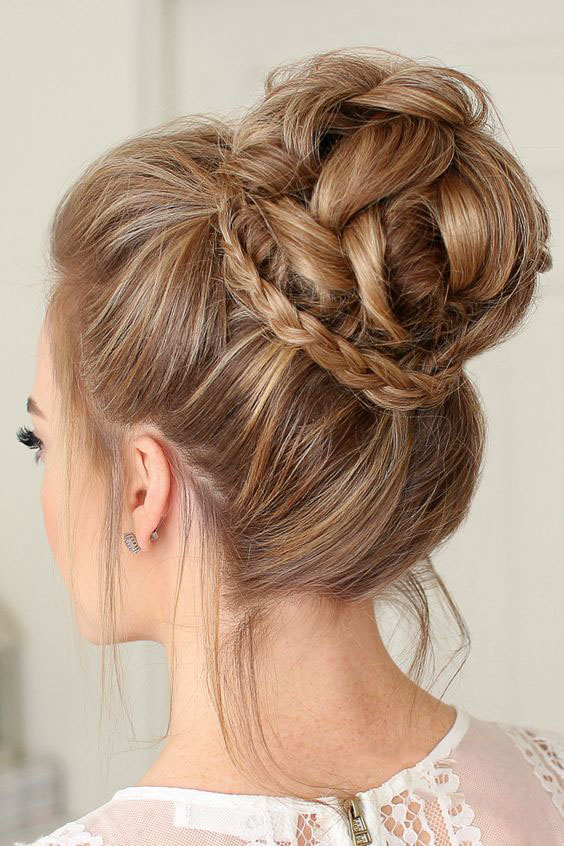 Back view of a woven braided bun updo