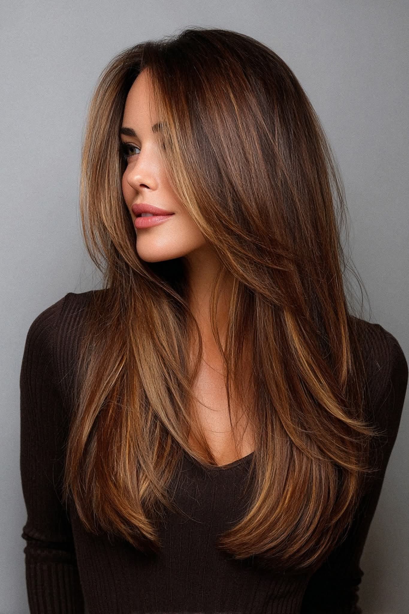 Mocha brown long layered hair with face framing highlights