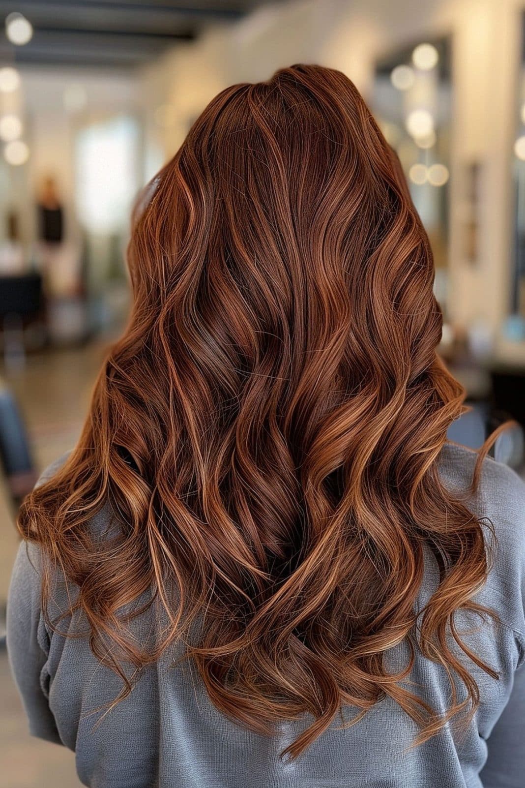 Dark brown hair with warm cinnamon highlights