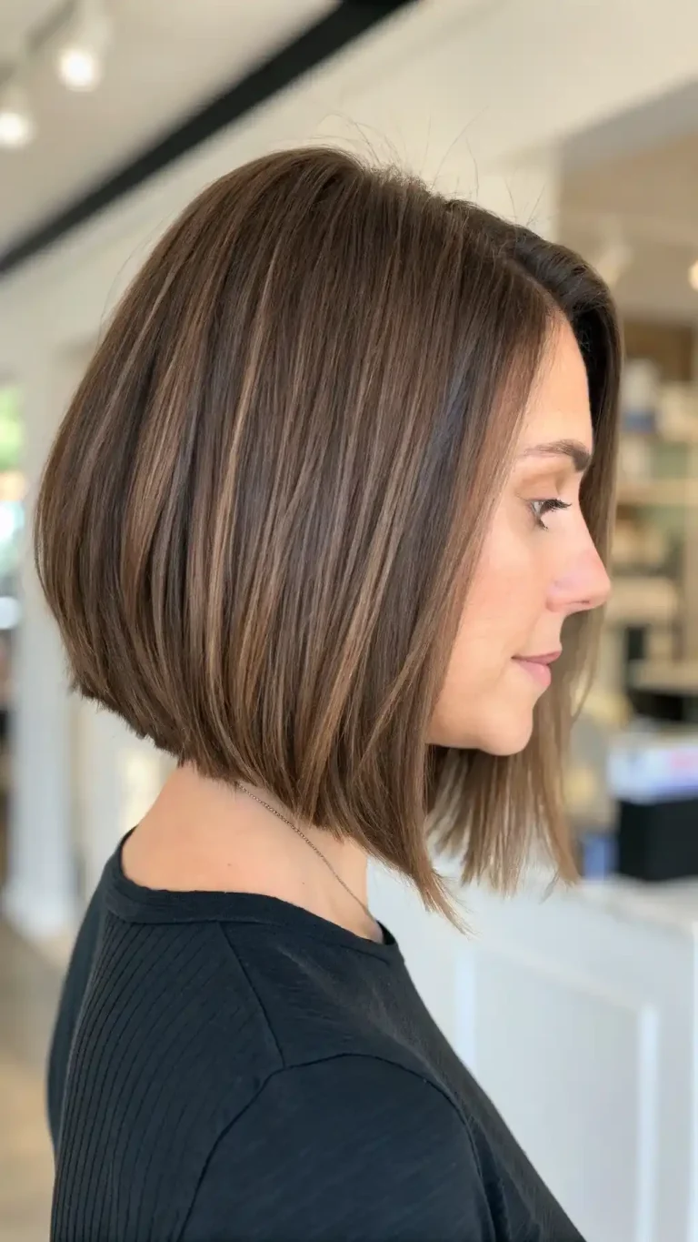 Dark brown lob with subtle ombre ends