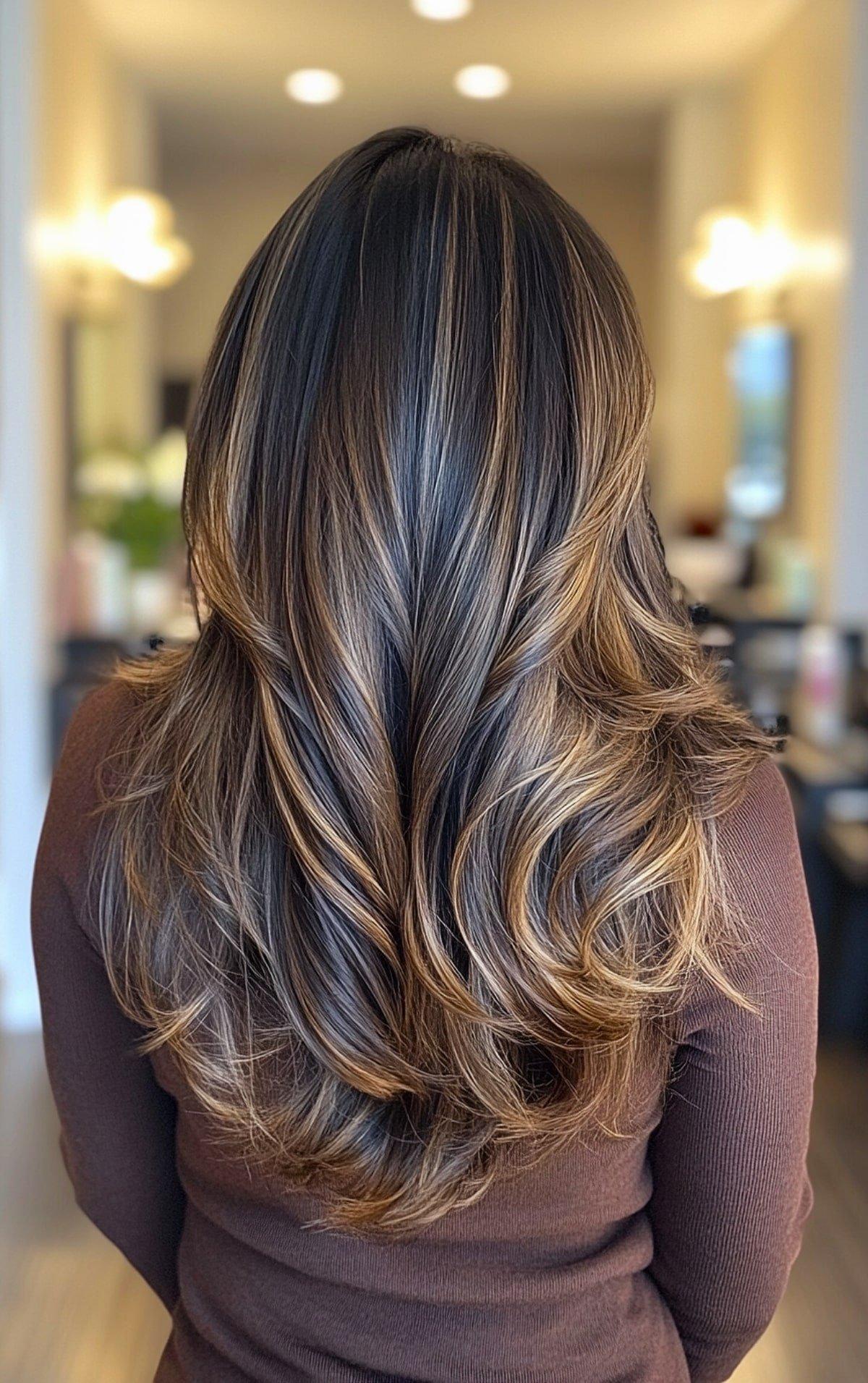 Espresso root melting into deep brunette on long sleek hair