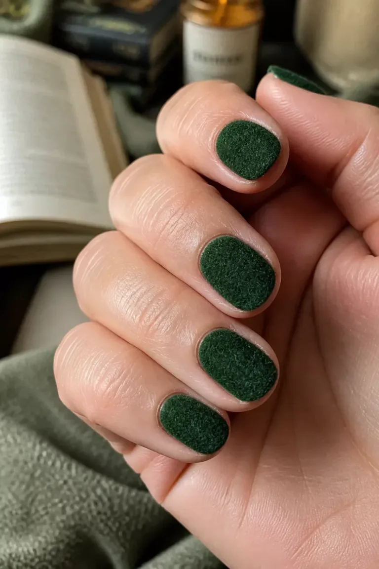 Short oval nails with flocked velvet forest green texture