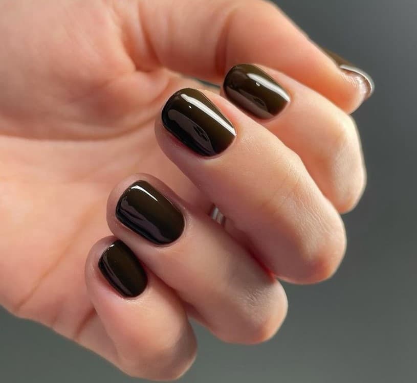 Short round nails painted in a glossy deep chocolate brown