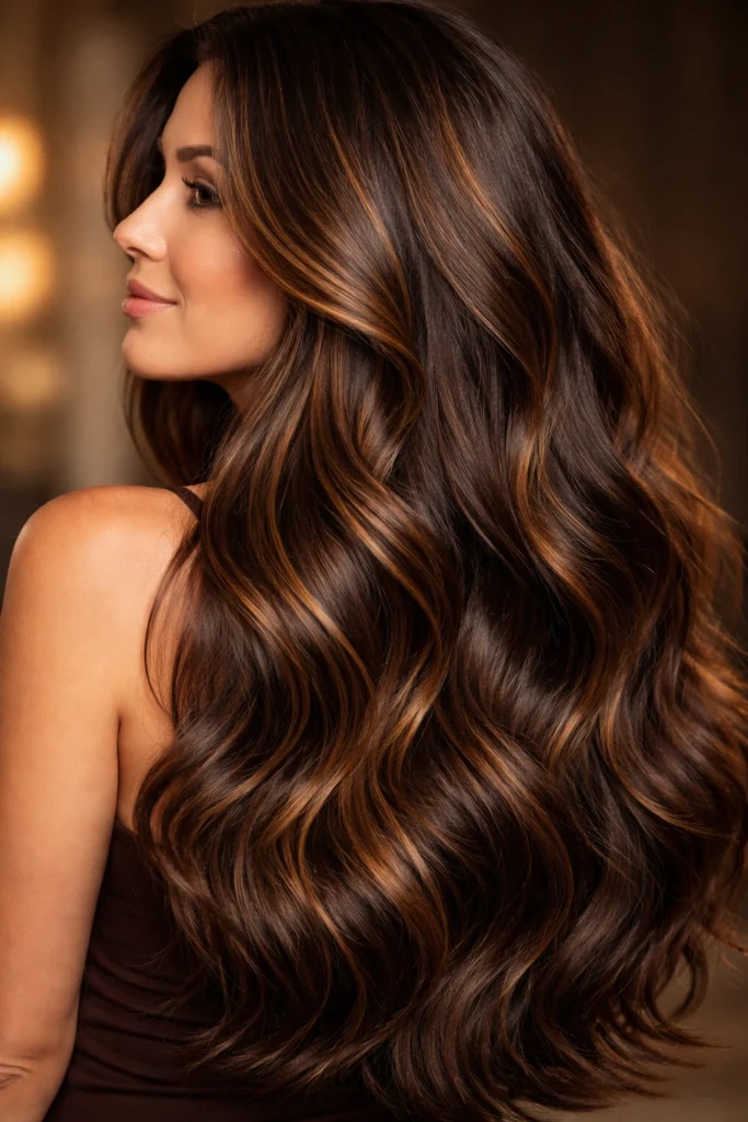 Chestnut brown hair melting into caramel tones on long waves