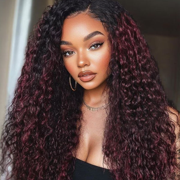Deep plum water wave hair with dark roots