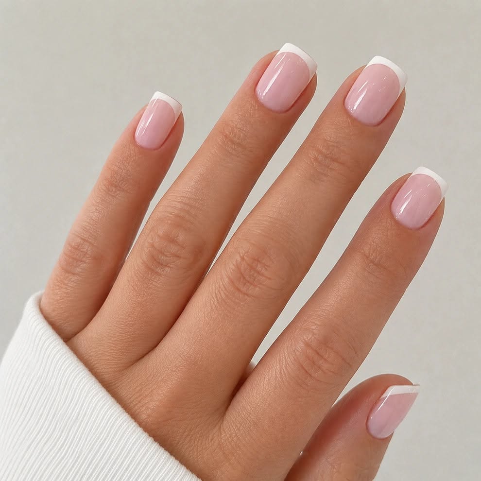 Short square nails with classic white French tips over sheer pink base