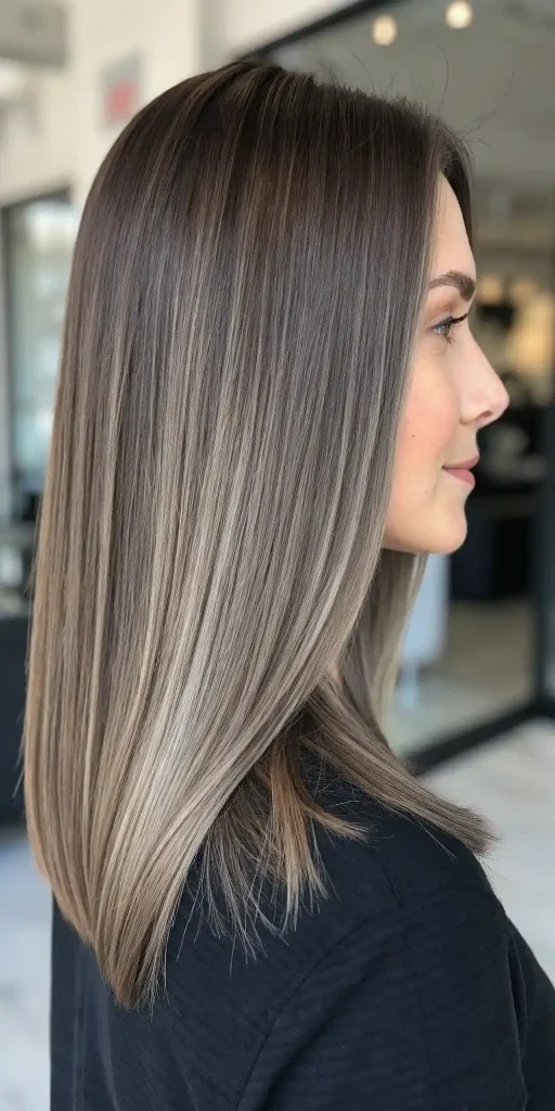 Sleek deep ash brown straight hair