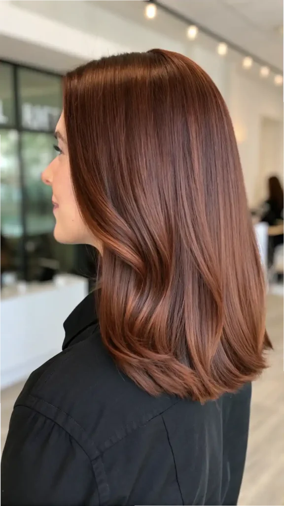 Deep chestnut-brown hair with honey ribbon highlights in long waves