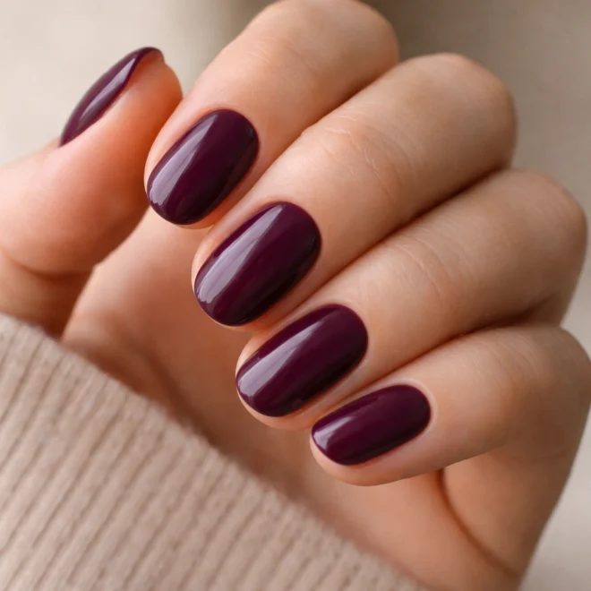 Short oval nails in deep plum glossy polish