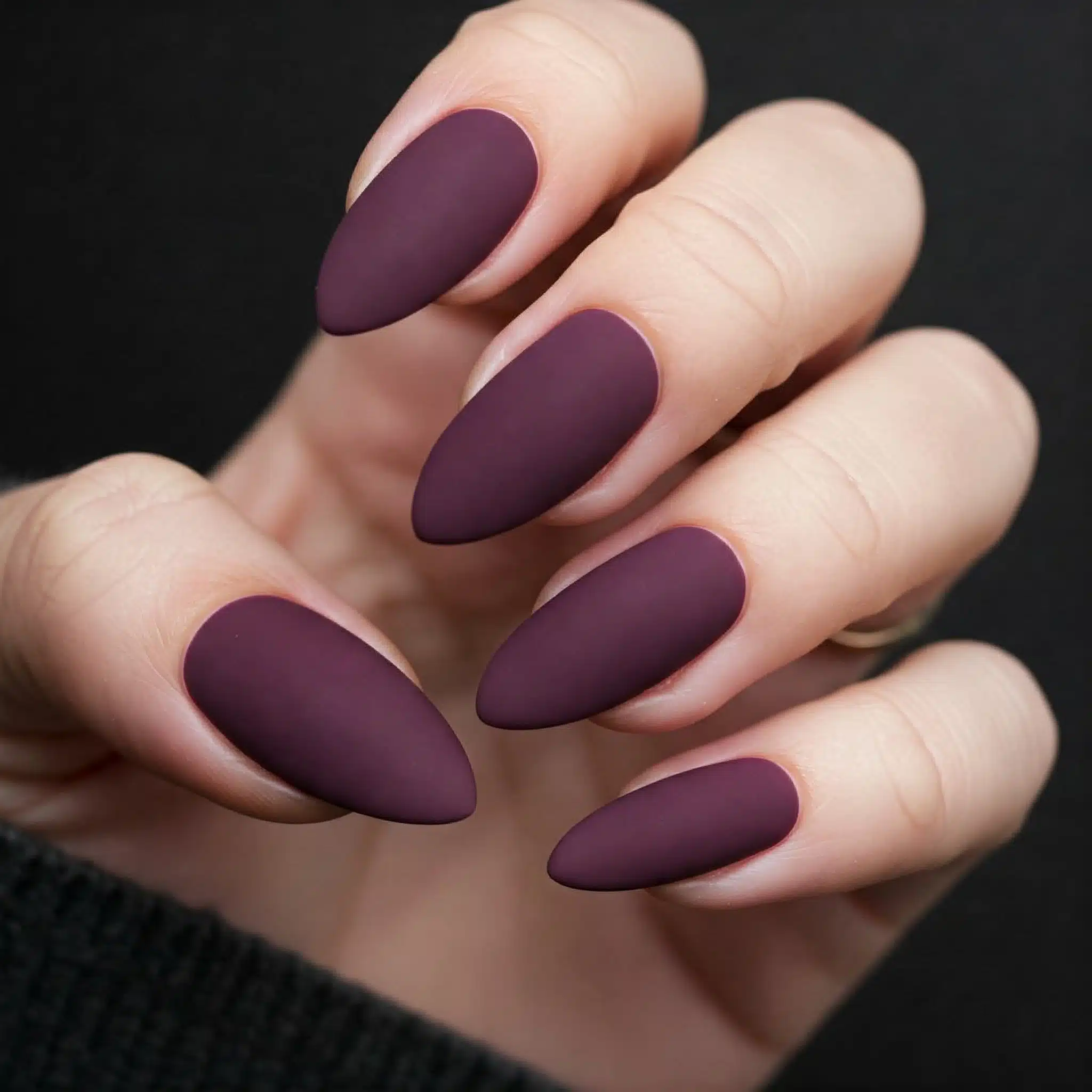 Almond nails in deep plum with a velvety matte finish