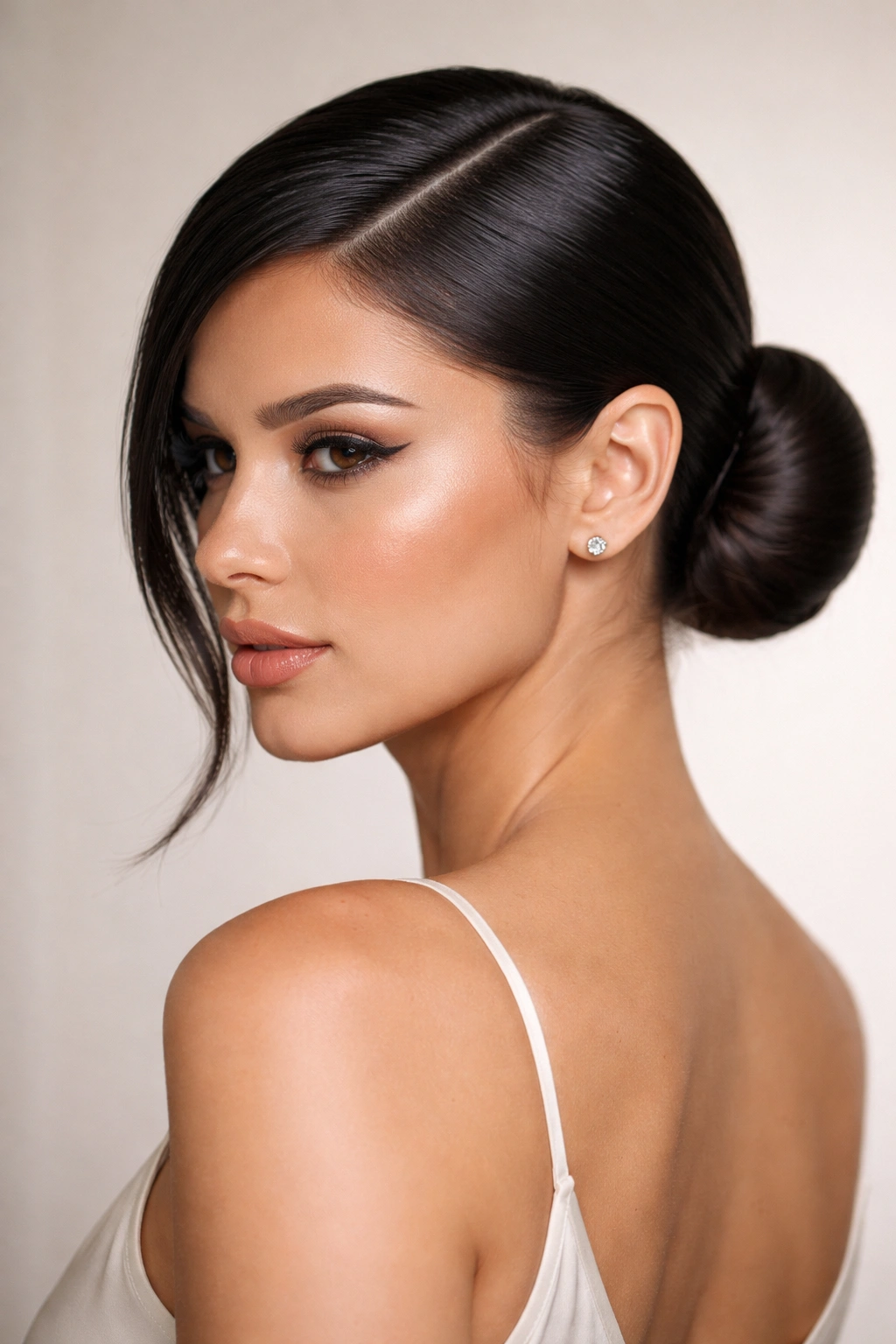 Three-quarter view of a sleek low bun with a deep side part