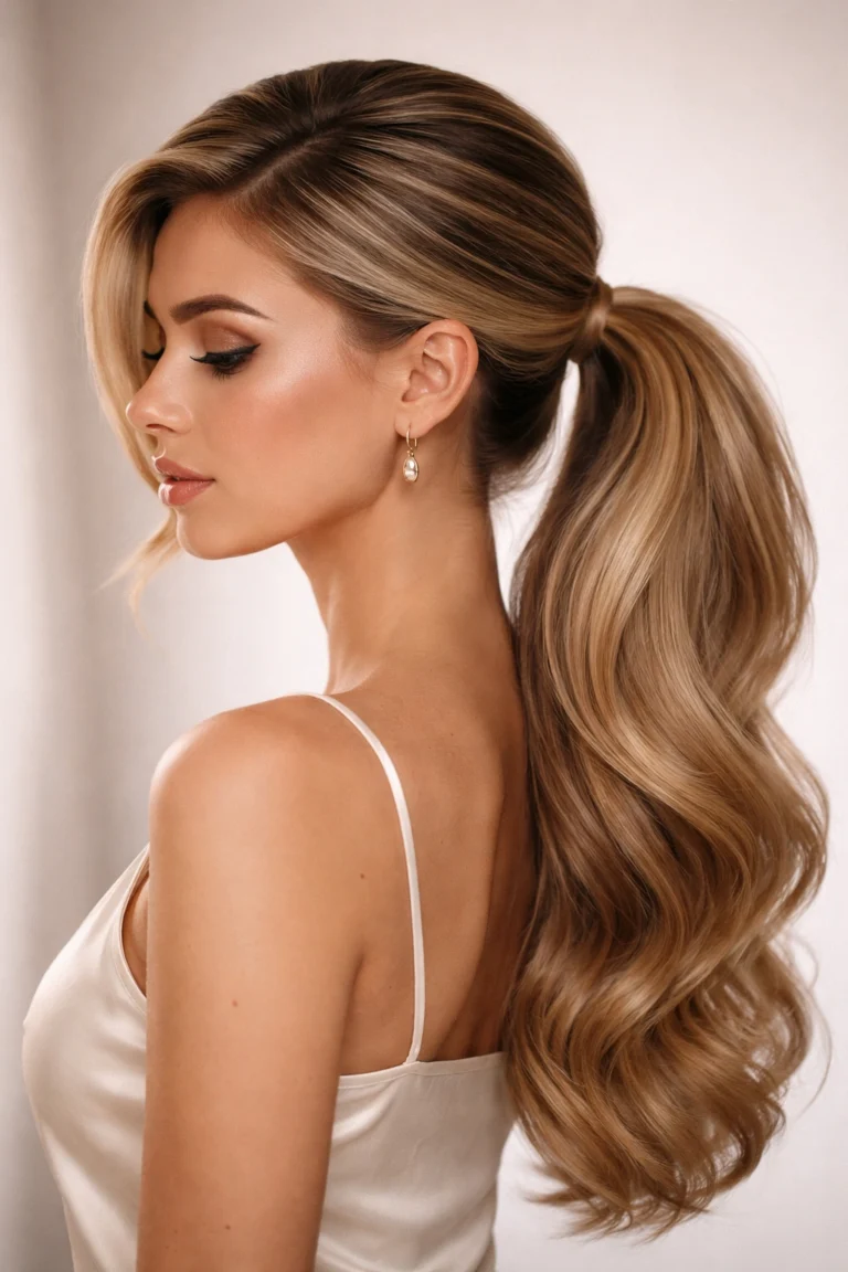 A deep side-part ponytail with swept volume at the crown