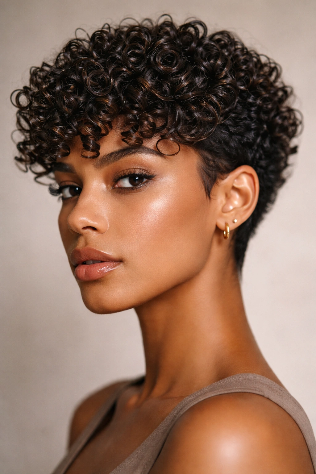 Short curly crop haircut with defined gel-set curls