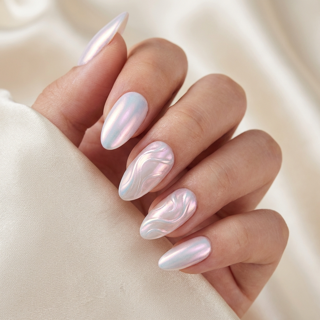 Ivory pearl chrome almond nails with sculpted wave texture