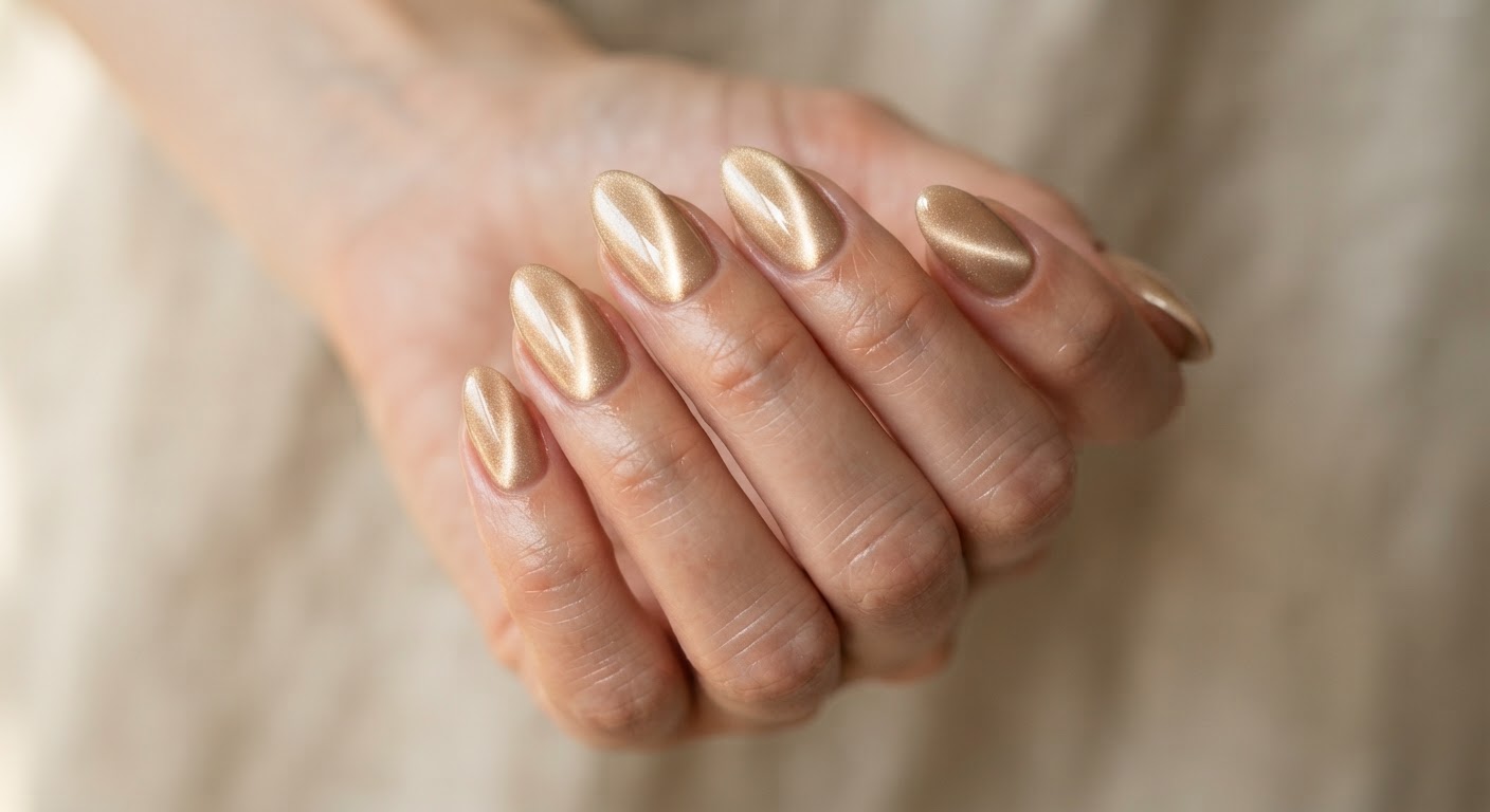Champagne Moonlight Shimmer: a bright magnetic champagne-gold glow on oval nails