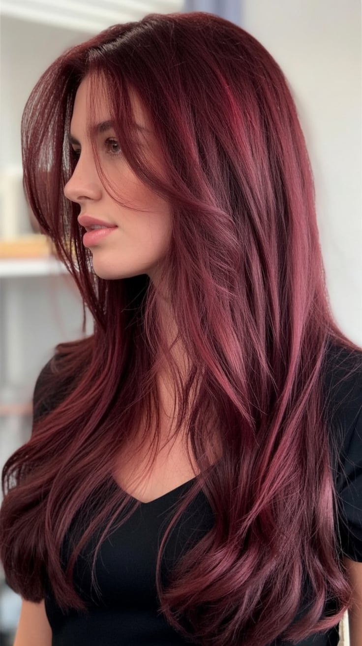 Woman with burgundy red long layered hair styled in soft waves