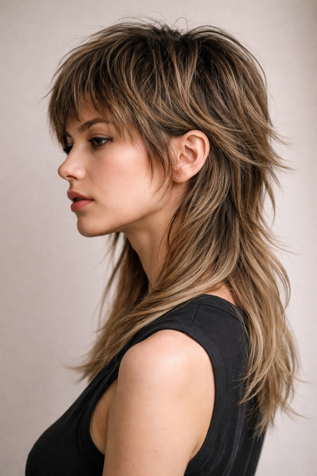 Disconnected shullet haircut with shaggy layers and mullet shape