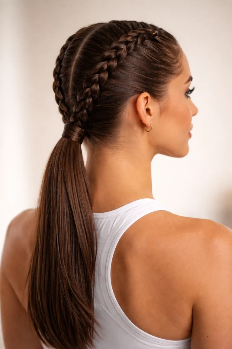 Double dutch braids merging into a sleek low ponytail