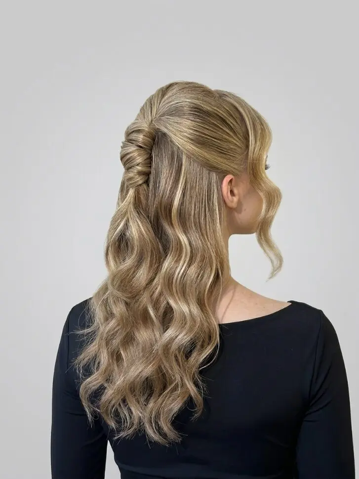 Half-up twisted knot hairstyle with loose waves