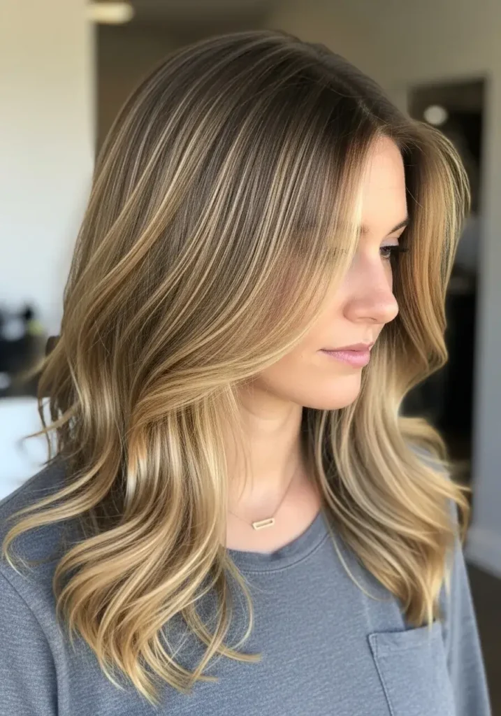 Warm taupe blonde hair with soft dimensional highlights
