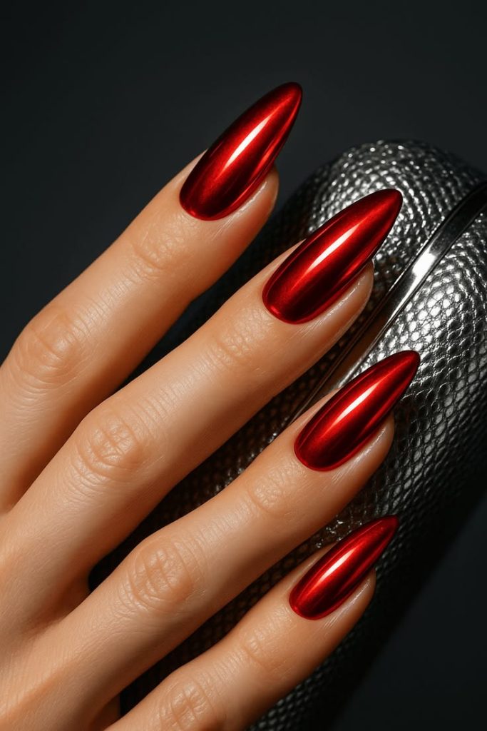 Long stiletto nails with a mirror red chrome finish