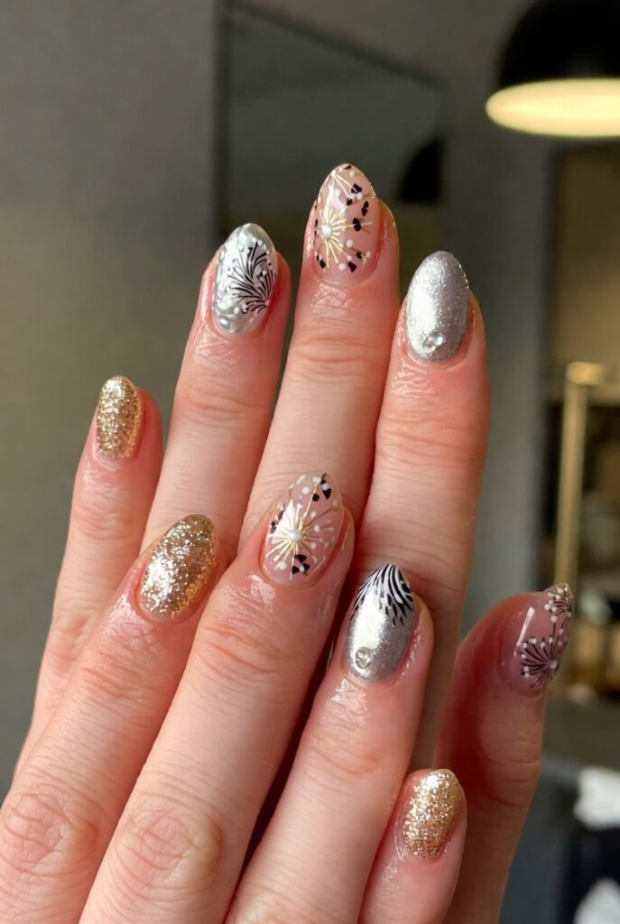 Almond nails mixing gold glitter, silver chrome and firework nail art