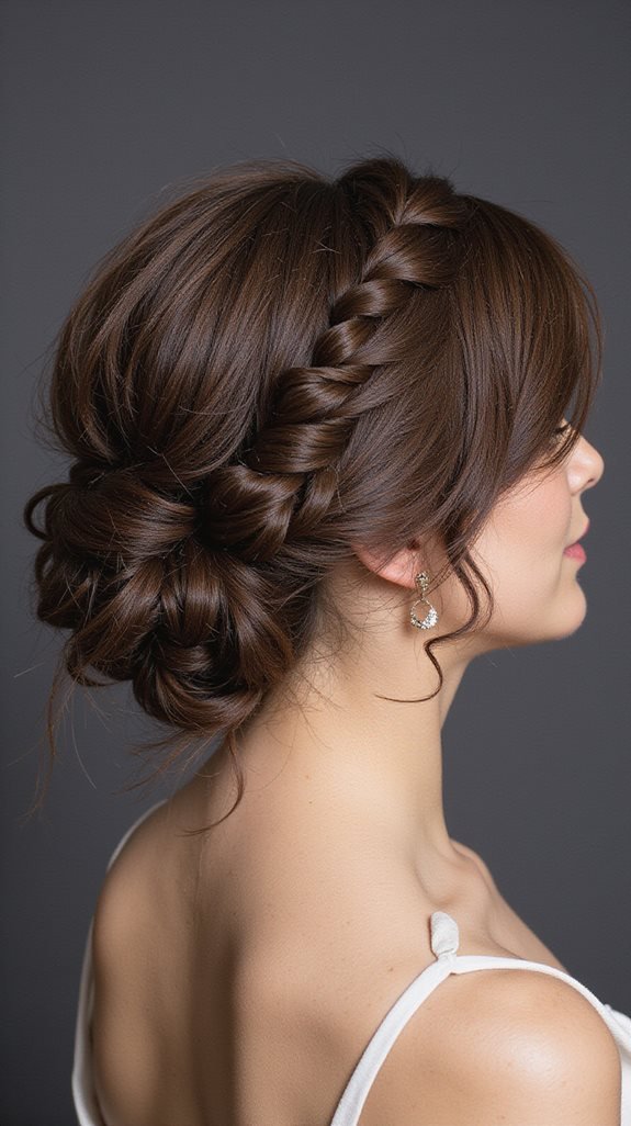 Woman with a side braid wrapped into a low bun hairstyle