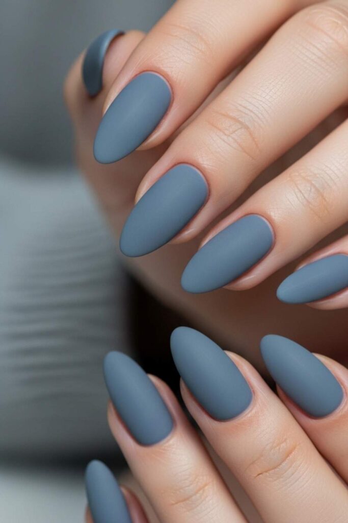 Dusty slate blue matte nails, long almond