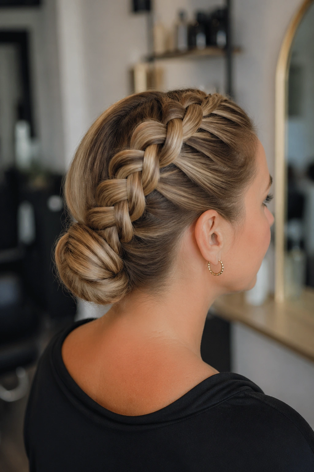 A dutch braid traveling along one side and wrapping into a bun