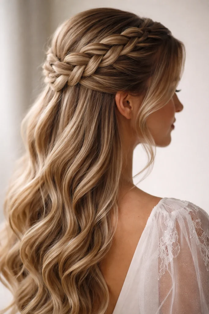 Half-up Dutch braid with flowing waves