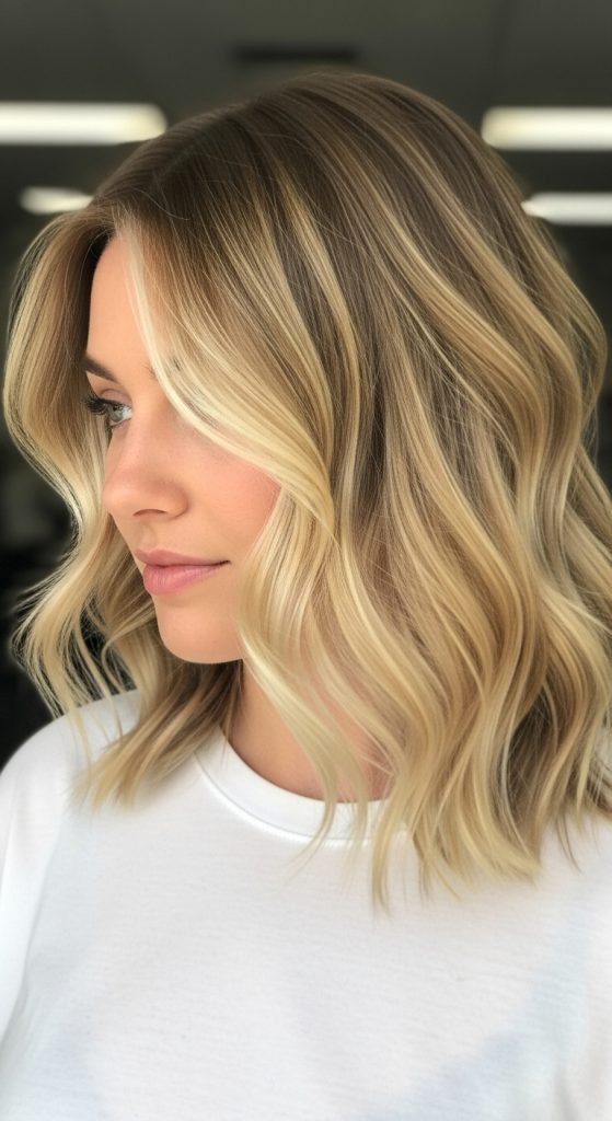 Neutral blonde balayage wavy bob
