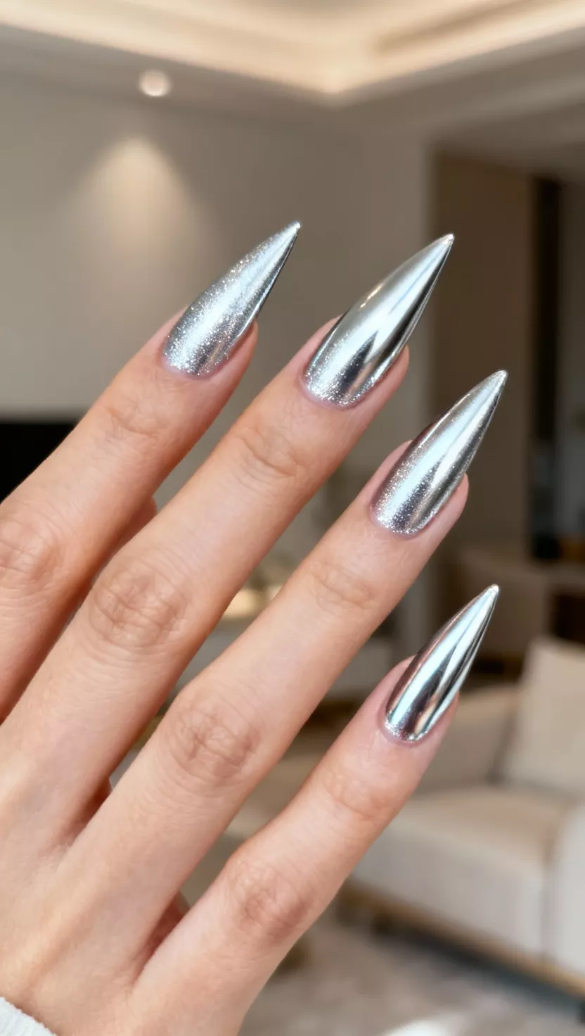 Winter manicure of silver chrome nails with glitter accents