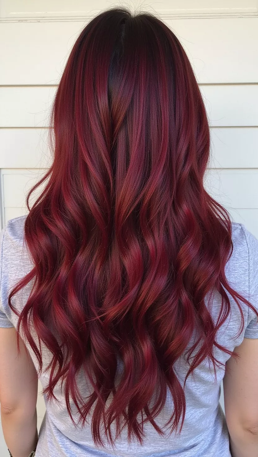 Long loose waves in deep wine red hair, back view
